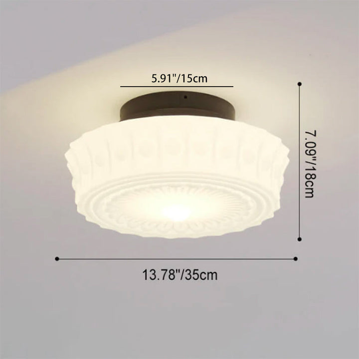 Traditional French Iron Glass Stripes Round Drum LED Semi-Flush Mount Ceiling Lamp for Living Room and Bedroom