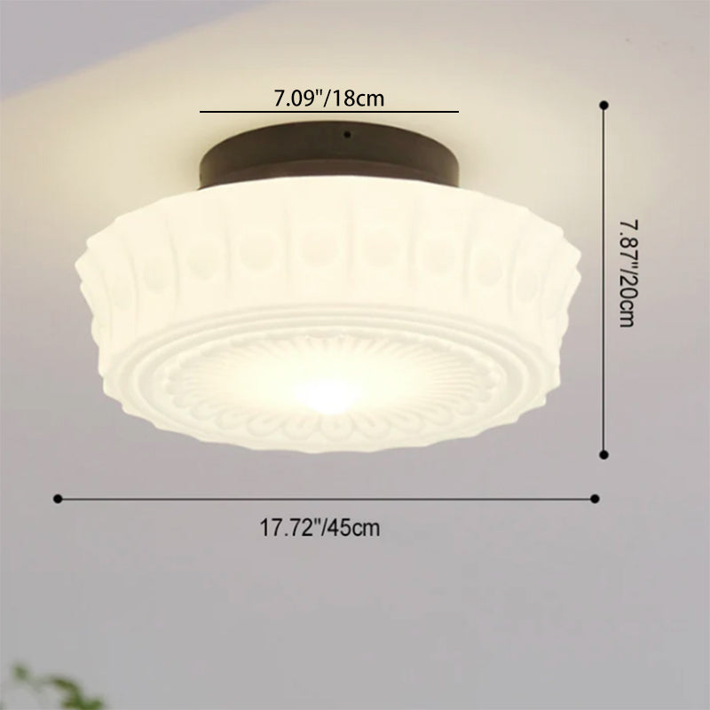 Traditional French Iron Glass Stripes Round Drum LED Semi-Flush Mount Ceiling Lamp for Living Room and Bedroom