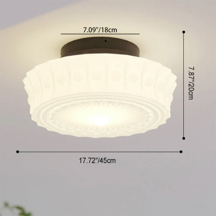 Traditional French Iron Glass Stripes Round Drum LED Semi-Flush Mount Ceiling Lamp for Living Room and Bedroom
