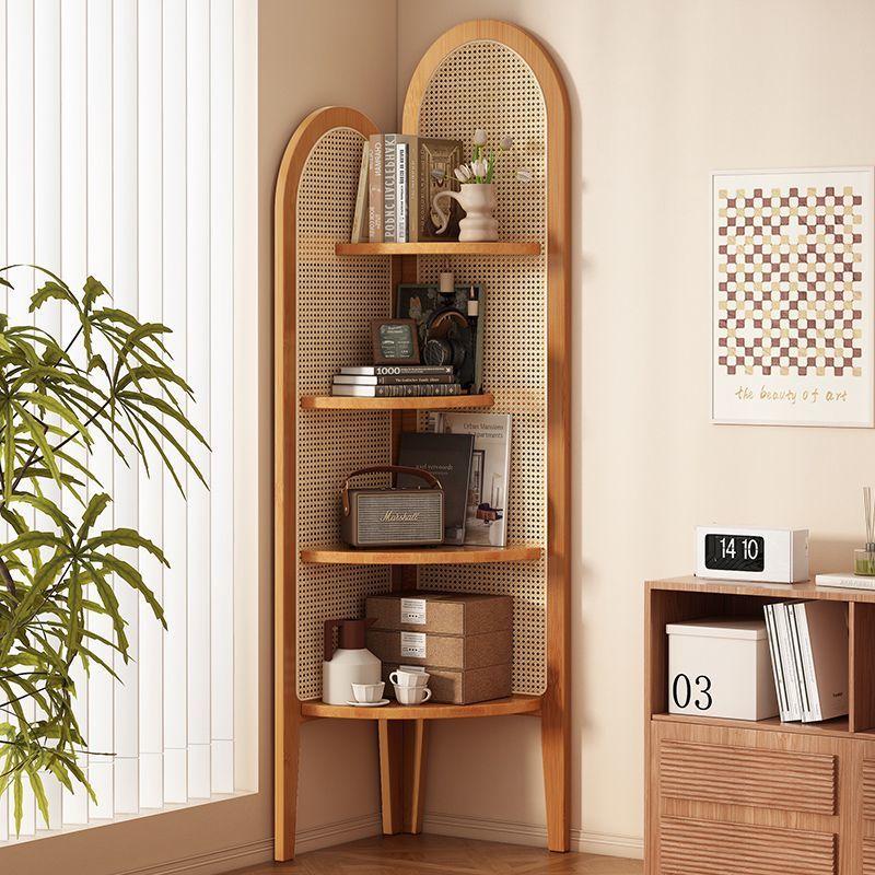 Traditional Chinese Fan-Shaped Curved Nan Bamboo Rattan Woven Corner Shelf Unit 4-Tier for Living Room