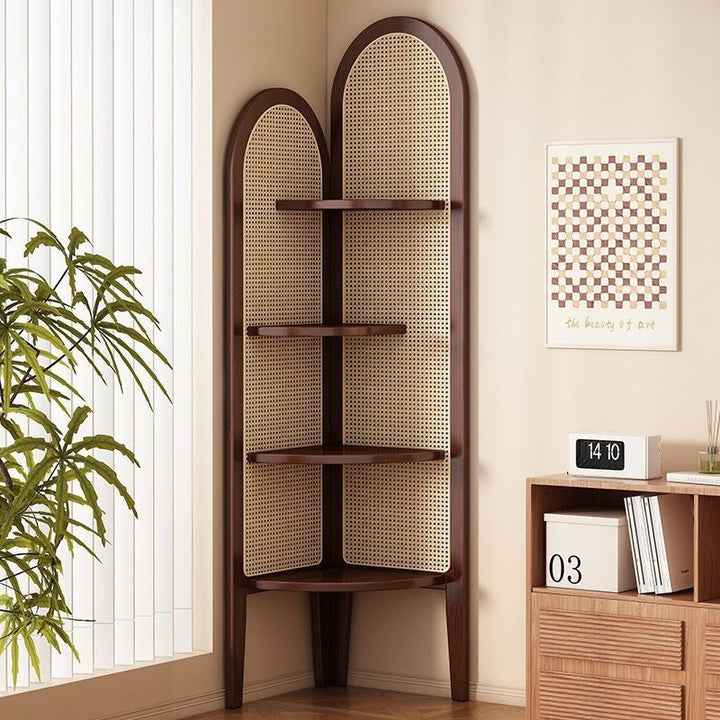 Traditional Chinese Fan-Shaped Curved Nan Bamboo Rattan Woven Corner Shelf Unit 4-Tier for Living Room
