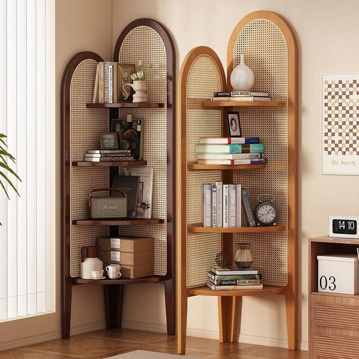 Traditional Chinese Fan-Shaped Curved Nan Bamboo Rattan Woven Corner Shelf Unit 4-Tier for Living Room