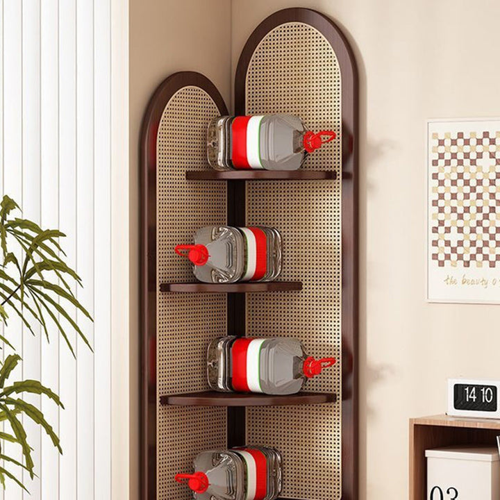 Traditional Chinese Fan-Shaped Curved Nan Bamboo Rattan Woven Corner Shelf Unit 4-Tier for Living Room
