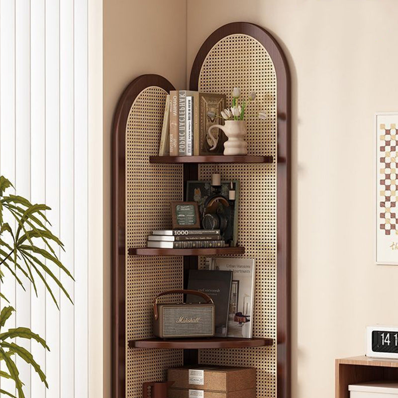 Traditional Chinese Fan-Shaped Curved Nan Bamboo Rattan Woven Corner Shelf Unit 4-Tier for Living Room