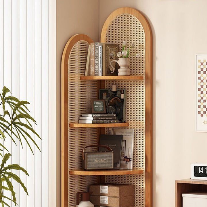 Traditional Chinese Fan-Shaped Curved Nan Bamboo Rattan Woven Corner Shelf Unit 4-Tier for Living Room