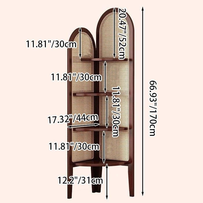 Traditional Chinese Fan-Shaped Curved Nan Bamboo Rattan Woven Corner Shelf Unit 4-Tier for Living Room