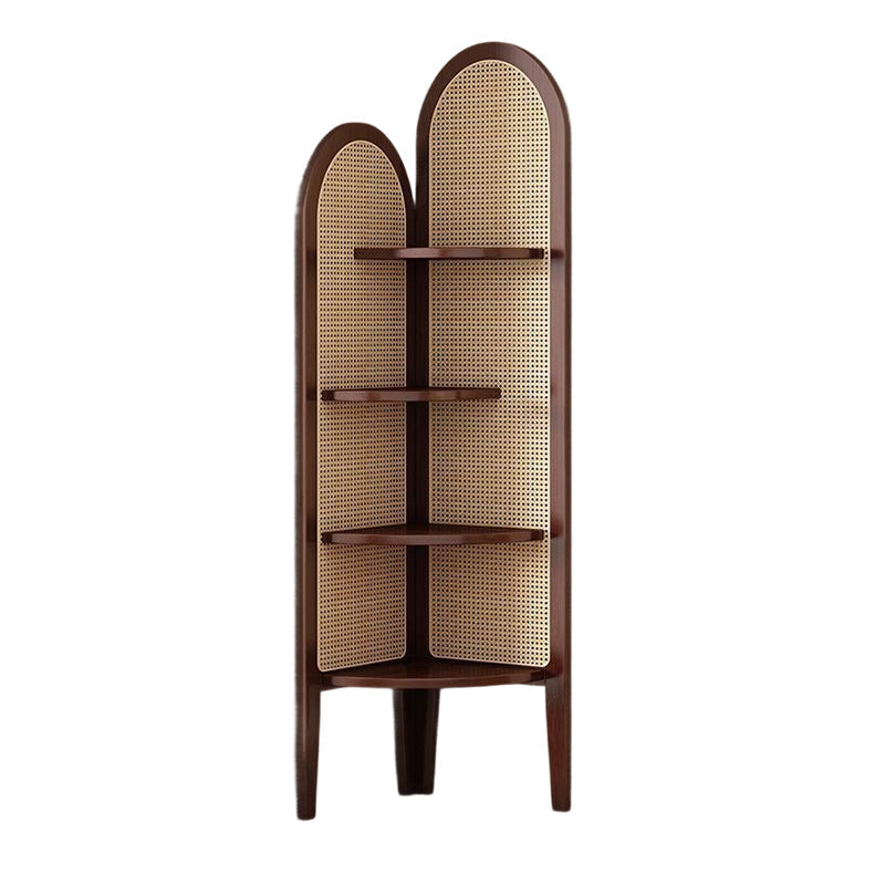 Traditional Chinese Fan-Shaped Curved Nan Bamboo Rattan Woven Corner Shelf Unit 4-Tier for Living Room