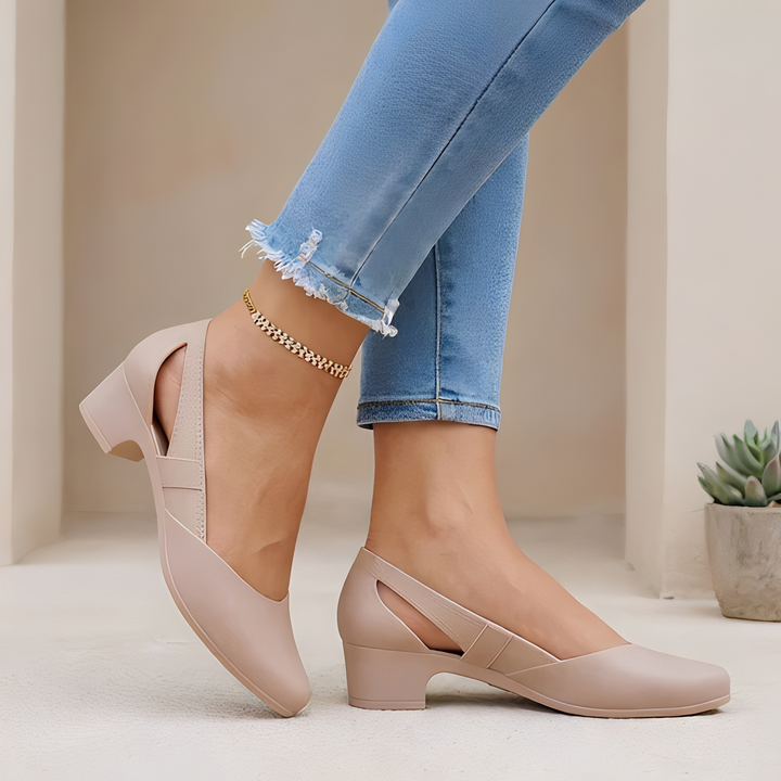 Pointed Toe Block Heel Slip-On Pump with Cutout Details