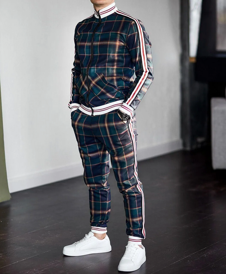 Check Pattern Men's Tracksuit – Slim Fit Jacket and Trousers Set