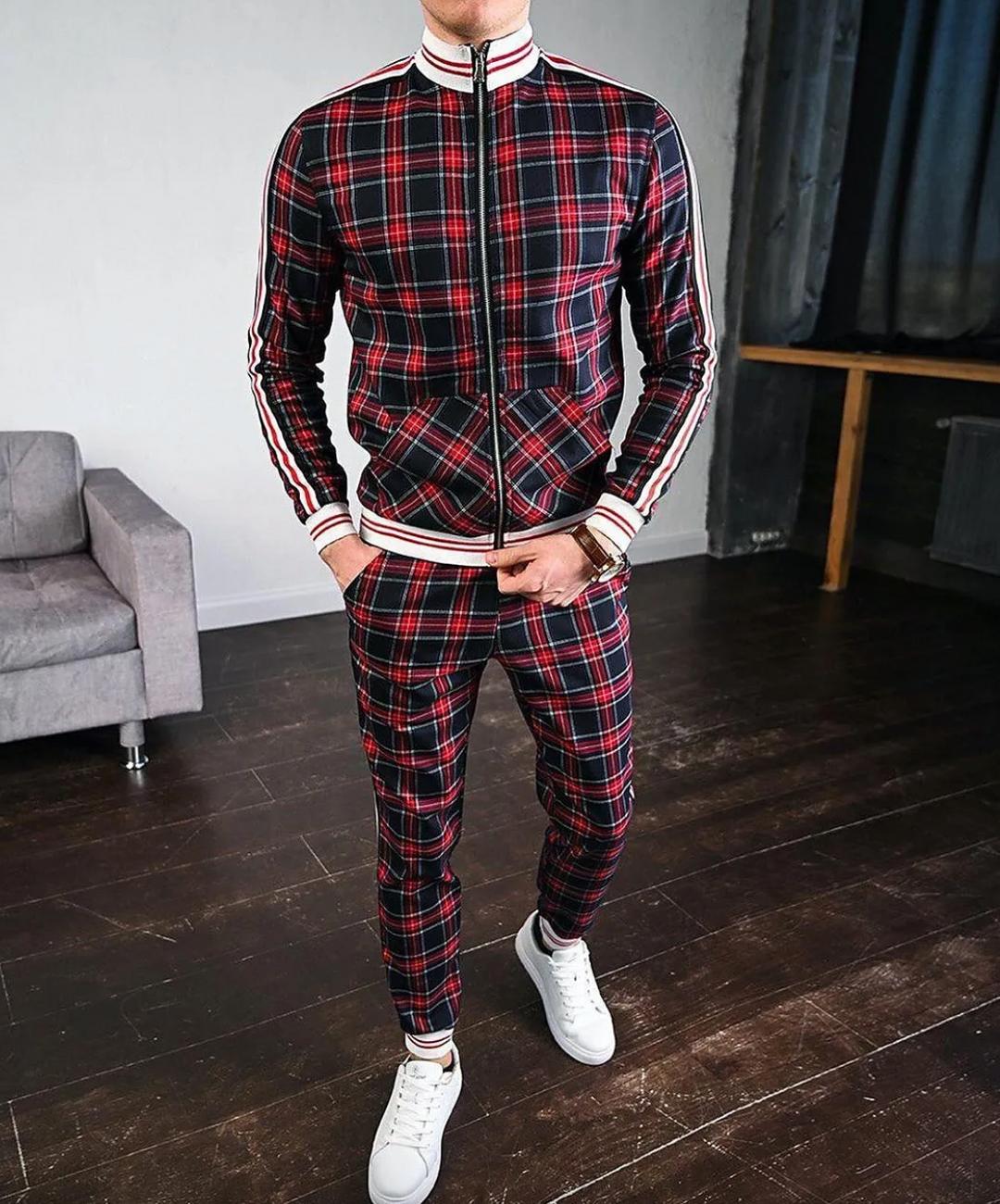 Check Pattern Men's Tracksuit – Slim Fit Jacket and Trousers Set