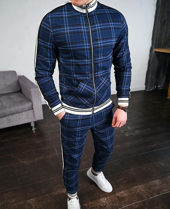 Check Pattern Men's Tracksuit – Slim Fit Jacket and Trousers Set