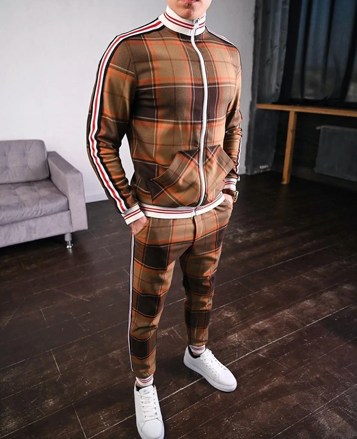 Check Pattern Men's Tracksuit – Slim Fit Jacket and Trousers Set