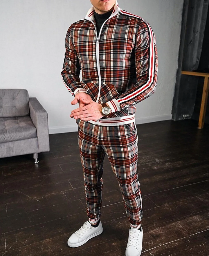 Check Pattern Men's Tracksuit – Slim Fit Jacket and Trousers Set