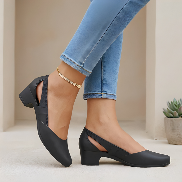 Pointed Toe Block Heel Slip-On Pump with Cutout Details