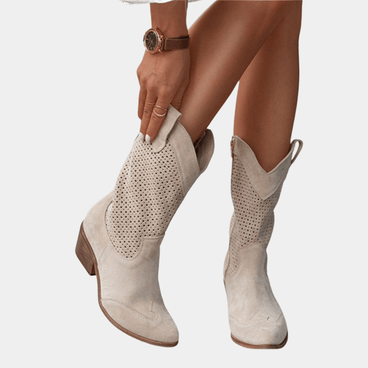 Boots For Women | Mid Calf Block Heel With Perforated Shaft