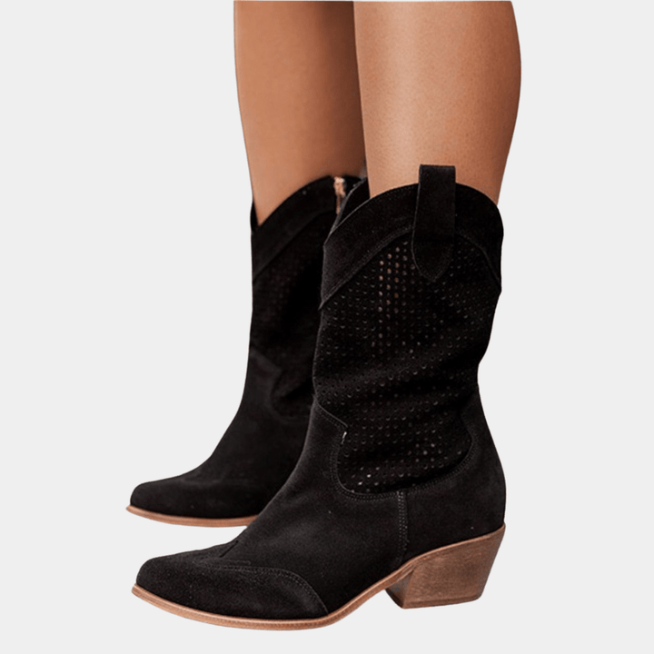 Boots For Women | Mid Calf Block Heel With Perforated Shaft