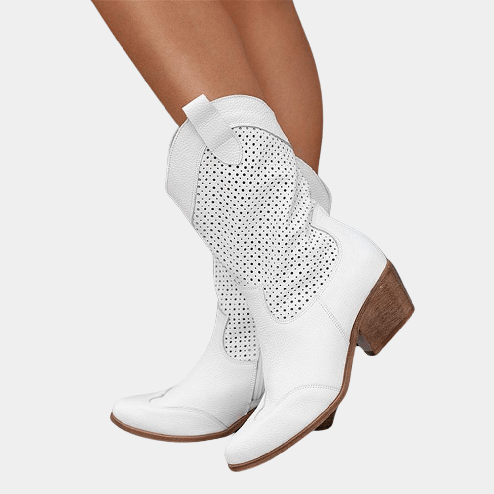Boots For Women | Mid Calf Block Heel With Perforated Shaft