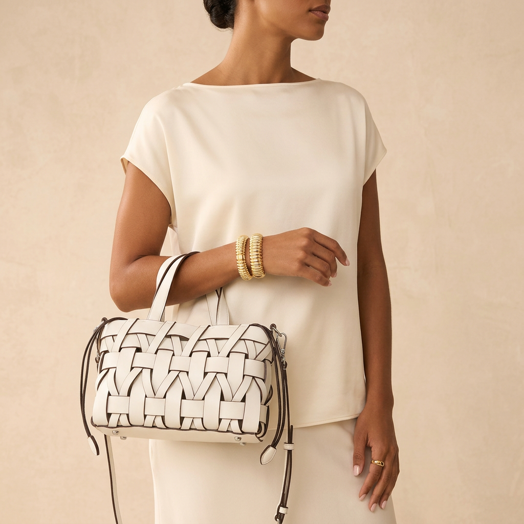 Calla – Woven Vegan Leather Shoulder Bag, Top Handle
