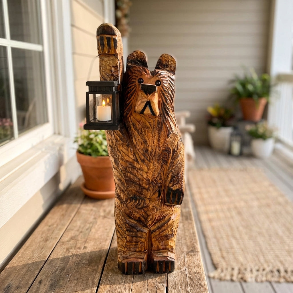Solar Bear Carved Lantern - Outdoor Garden Light with Flickering LED Effect