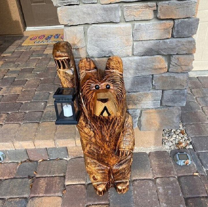 Solar Bear Carved Lantern - Outdoor Garden Light with Flickering LED Effect