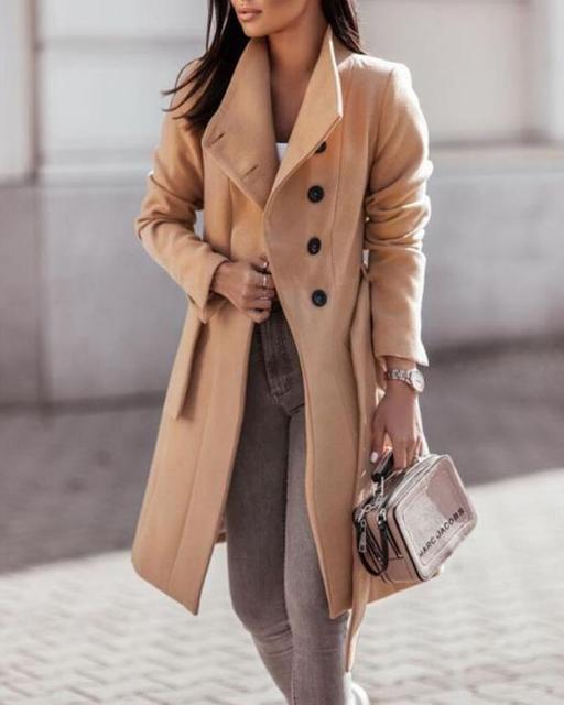 Sophisticated Longline Double-Breasted Winter Coat with Adjustable Waist Tie