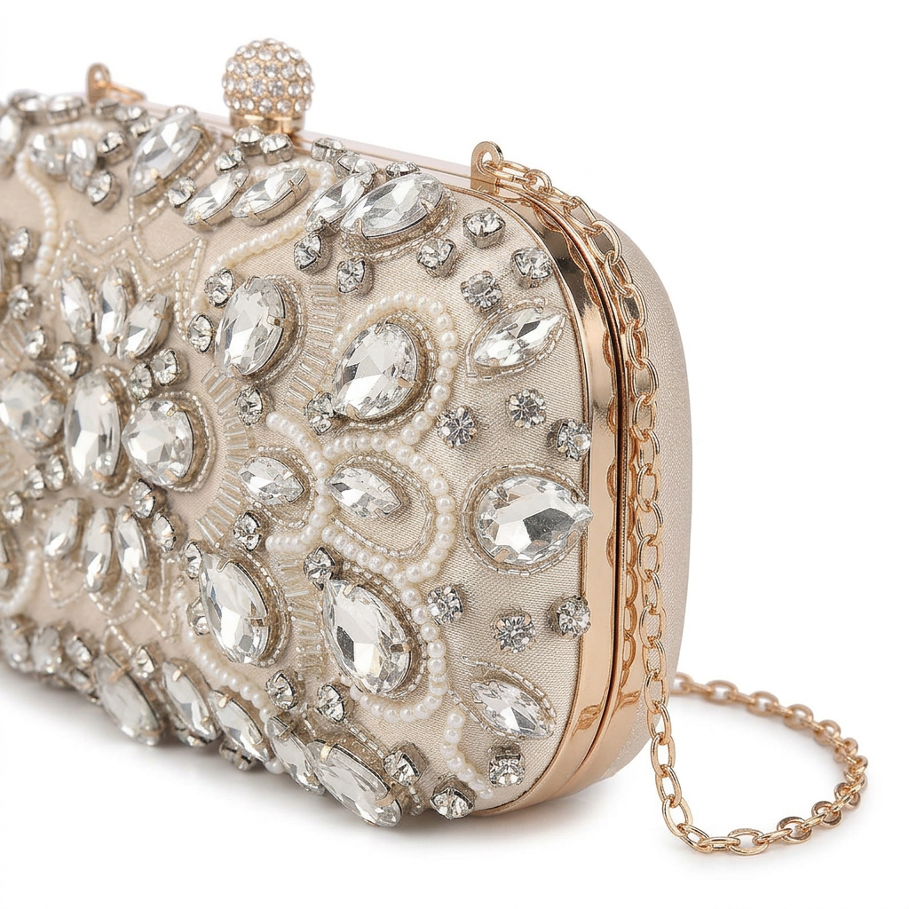 Celeste – Crystal Beaded Evening Clutch, Bridal Bag with Chain