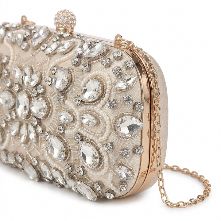 Celeste – Crystal Beaded Evening Clutch, Bridal Bag with Chain