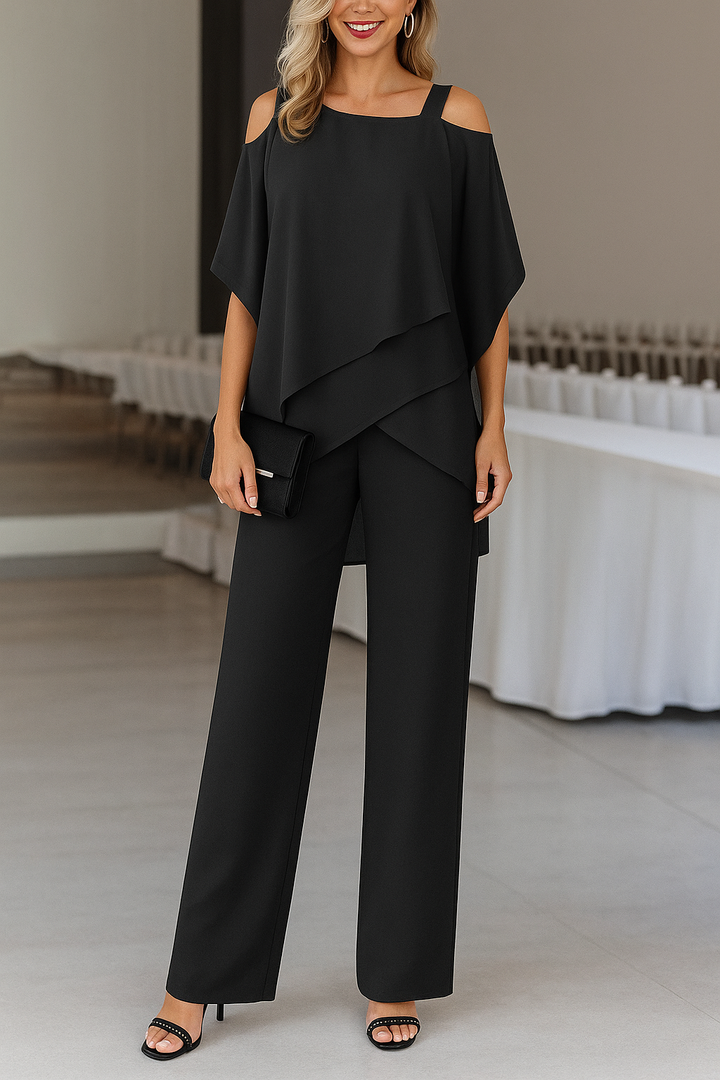 Elegant Airy Women's Set with Off Shoulder Top and Wide Pants