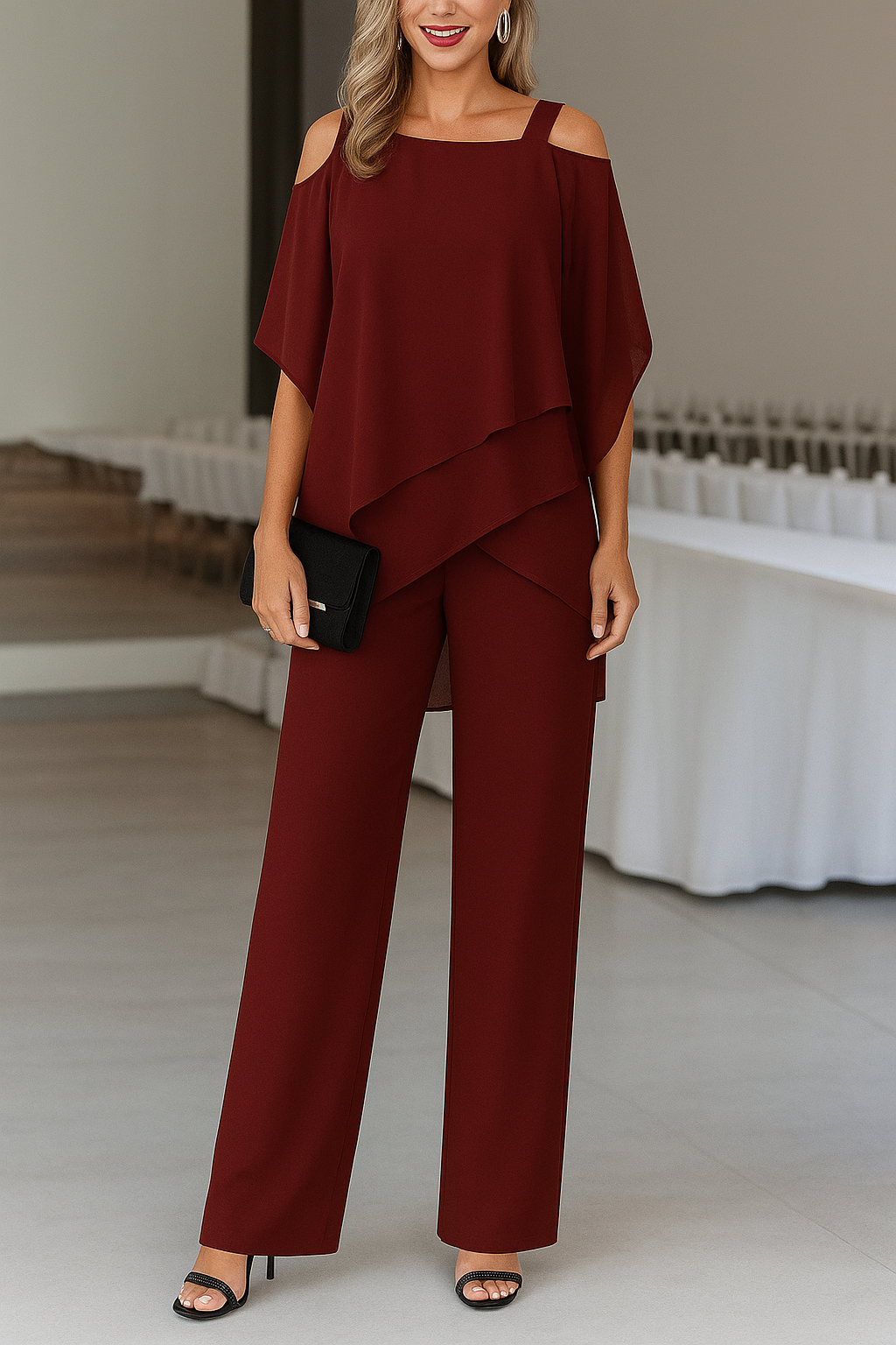 Elegant Airy Women's Set with Off Shoulder Top and Wide Pants