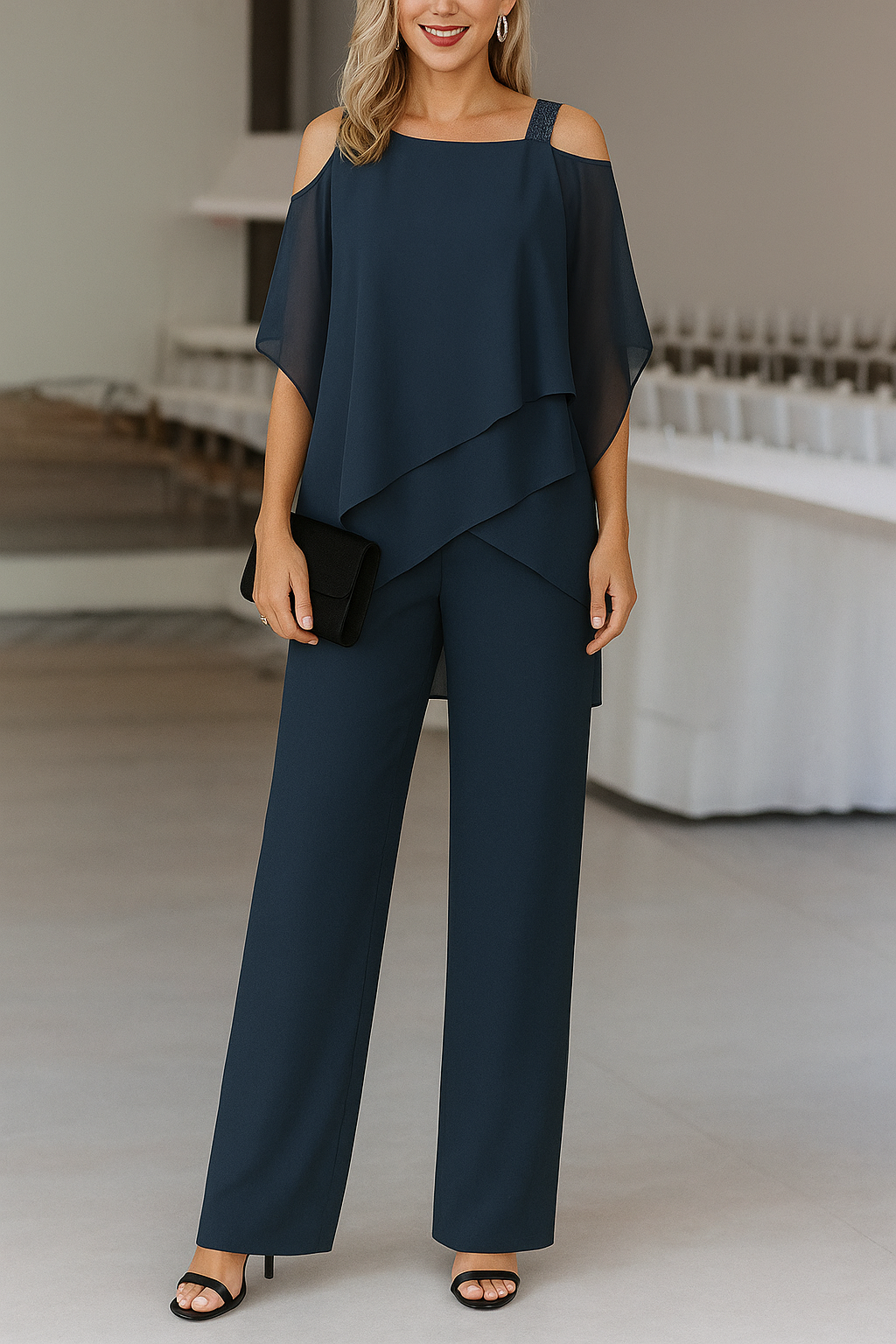 Elegant Airy Women's Set with Off Shoulder Top and Wide Pants