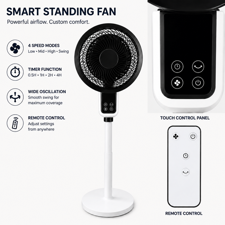 Compact Oscillating Standing Fan with Timer - Quiet 45W Air Circulation