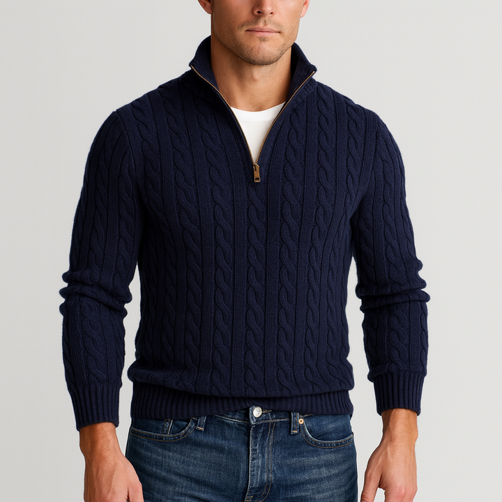 Cable Knit Half-Zip Sweater for Men with High Collar
