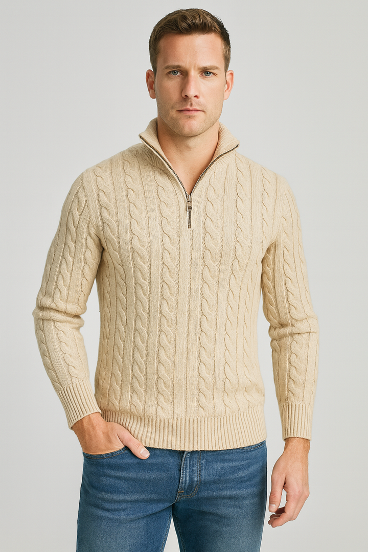 Cable Knit Half-Zip Sweater for Men with High Collar
