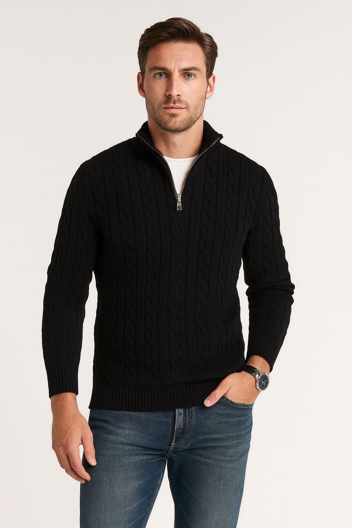Cable Knit Half-Zip Sweater for Men with High Collar