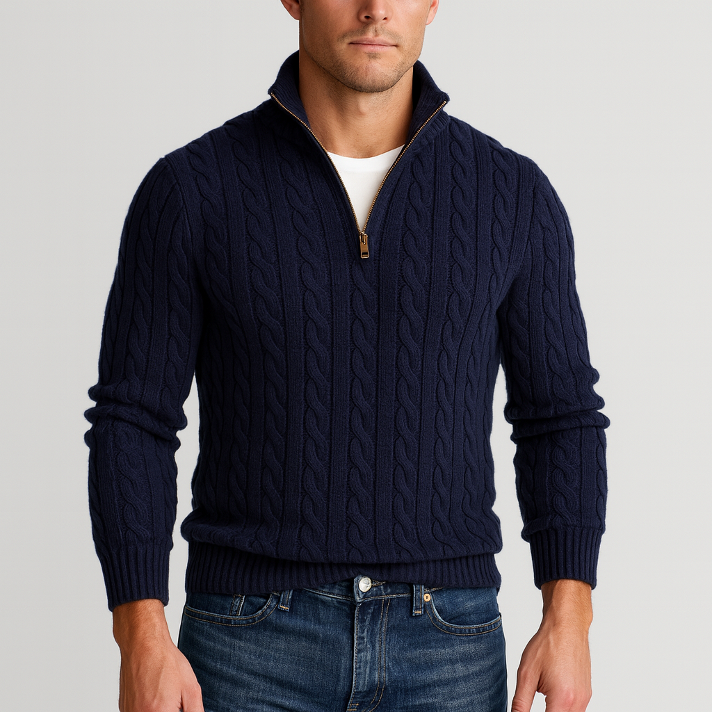 Cable Knit Half-Zip Sweater for Men with High Collar