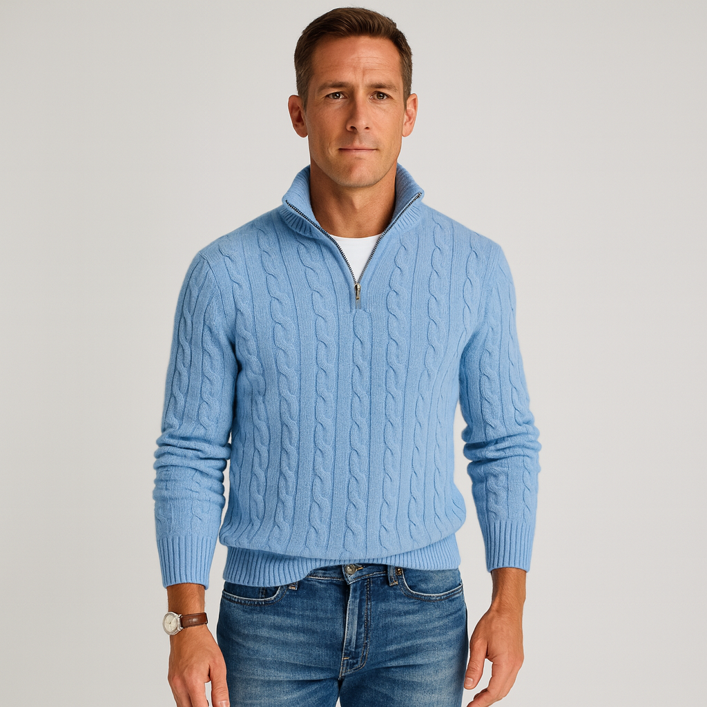 Cable Knit Half-Zip Sweater for Men with High Collar