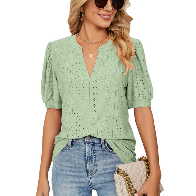 Loose Blouse with V-Neck & Puff Sleeves