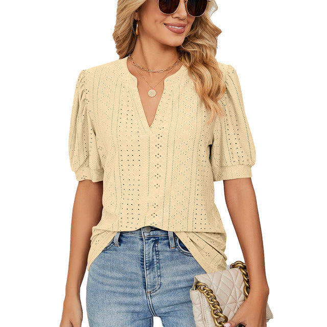 Loose Blouse with V-Neck & Puff Sleeves