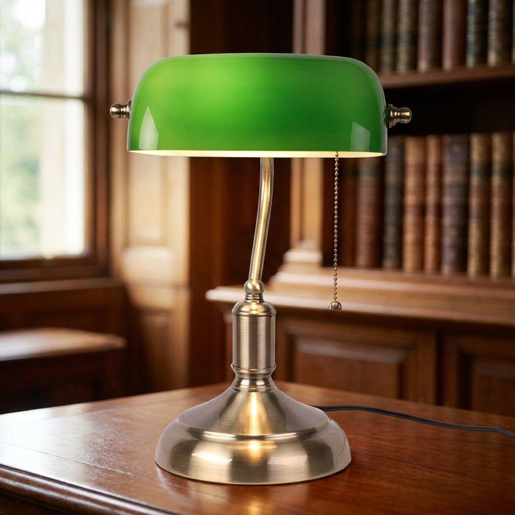Vintage Green Glass Banker Table Lamp with Polished Metal Base