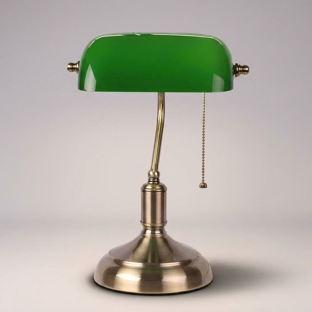 Vintage Green Glass Banker Table Lamp with Polished Metal Base