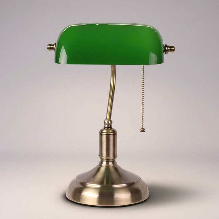 Vintage Green Glass Banker Table Lamp with Polished Metal Base
