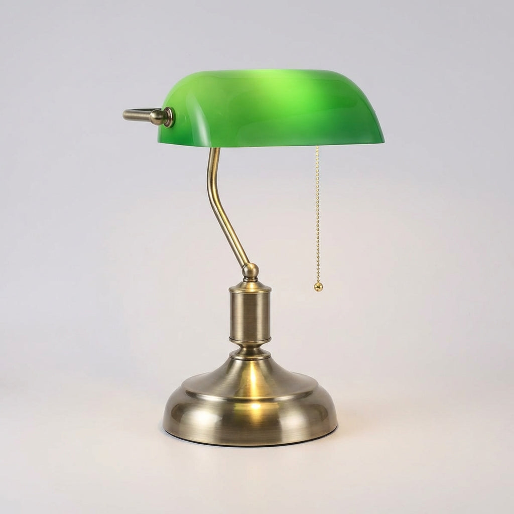 Vintage Green Glass Banker Table Lamp with Polished Metal Base