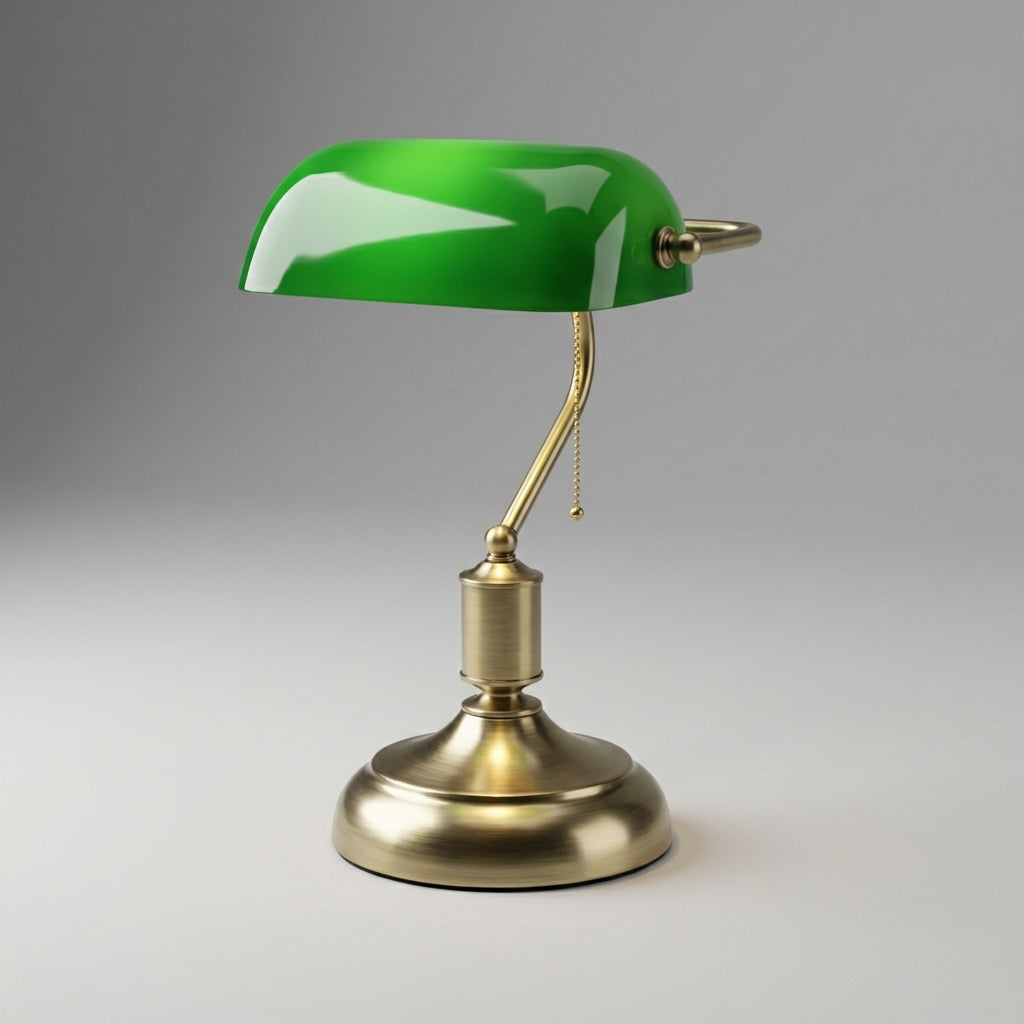 Vintage Green Glass Banker Table Lamp with Polished Metal Base