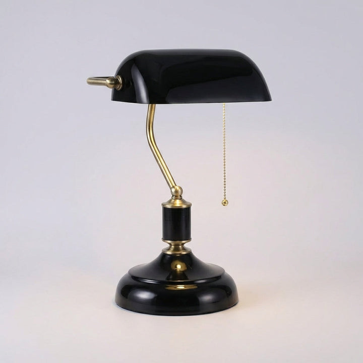 Vintage Green Glass Banker Table Lamp with Polished Metal Base