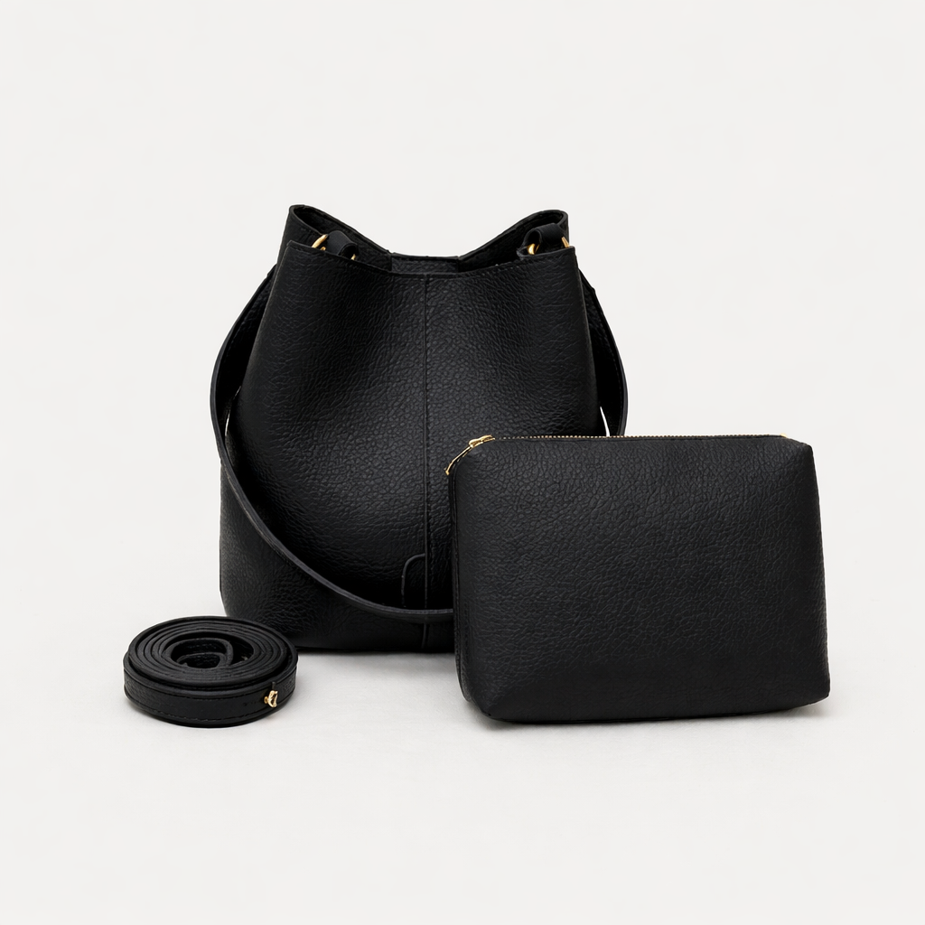 Cleo – Vegan Cowhide Bucket Bag with Pouch, Shoulder Bag