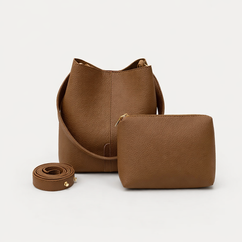 Cleo – Vegan Cowhide Bucket Bag with Pouch, Shoulder Bag