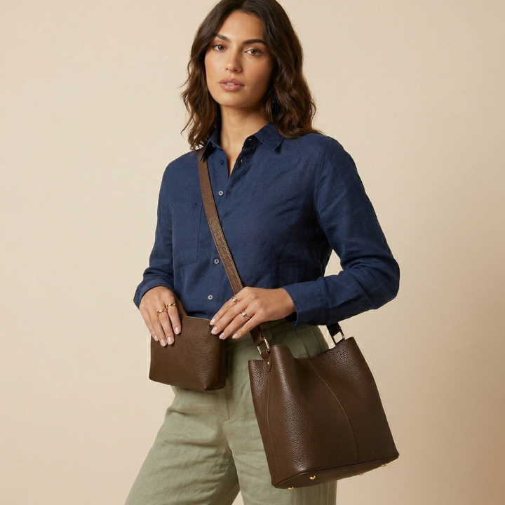Cleo – Vegan Cowhide Bucket Bag with Pouch, Shoulder Bag