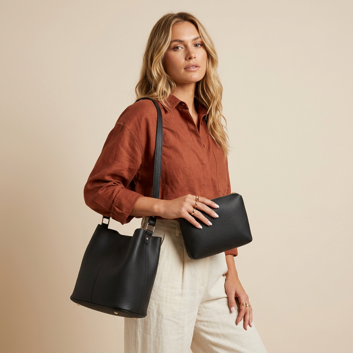 Cleo – Vegan Cowhide Bucket Bag with Pouch, Shoulder Bag