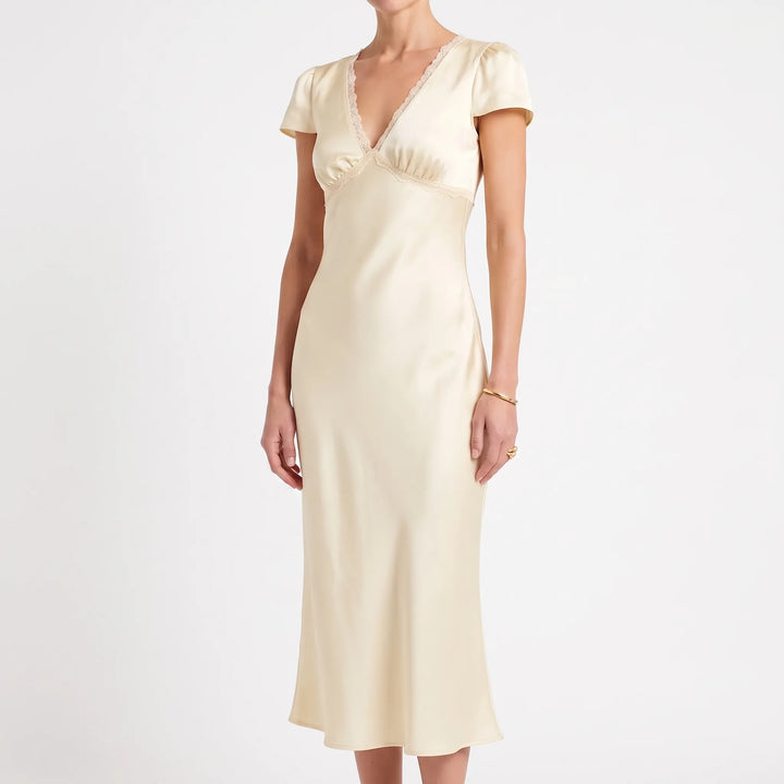 Ivory Lace-Trim Empire Waist Midi Dress with V-Neck