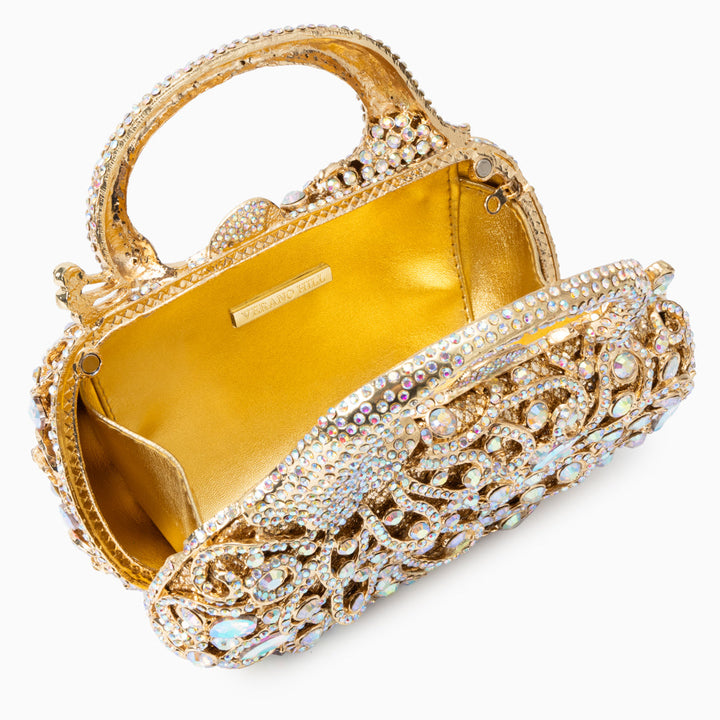 Vera – Crystal Peacock Evening Clutch with Top Handle and Chain Strap
